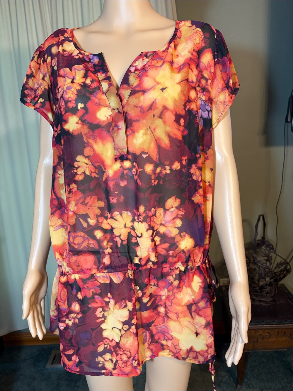 a.n.a Multicolor Watercolor Floral Top in Orange, Pink & Purple